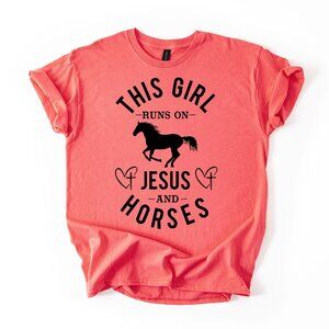 This Girl Runs On Jesus & Horses T-Shirt Christian Faith Horseback Riding Tee